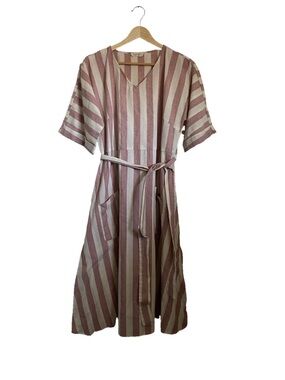 Roolee Striped Midi Dress Dusty Rose Cream Tie Waist Pockets M